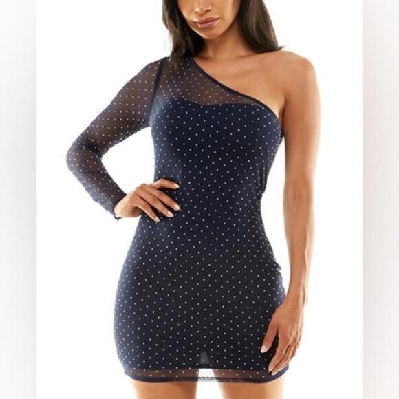 JUMP Juniors' Sheer Rhinestone Detail One-Sleeve Mini Dress bodycon M New - Picture 1 of 7